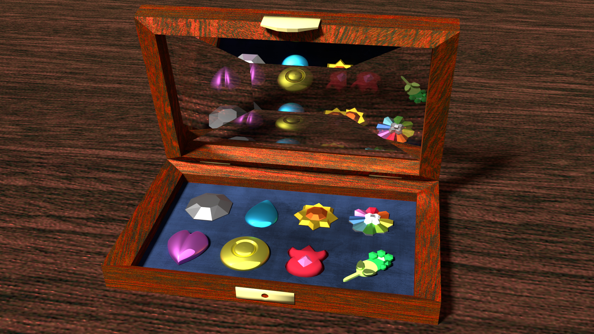Final render of all eight badges inside a case