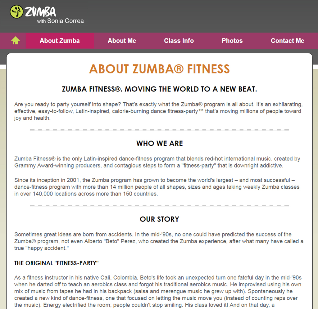 About Zumba tab contents